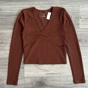 AERIE Waffle Knit Long Sleeve Top Small Dark Brown Faux Wrap Neutral Boho Spring